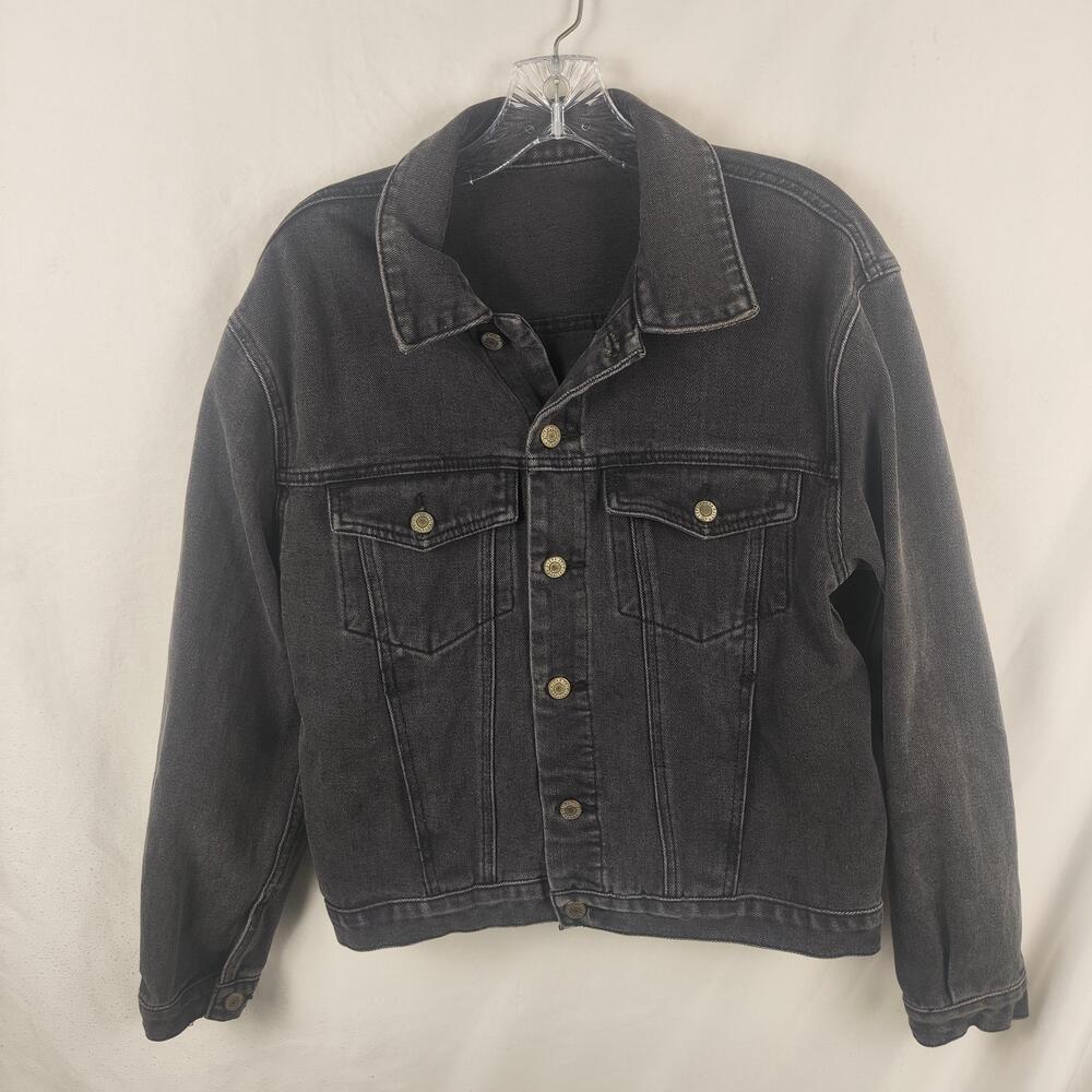 Denim Bomber Jacket Mens Small Gray Black Washed Button Front Pockets Casual